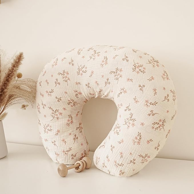 Konssy 2-Pack Muslin Nursing Pillow Covers, Soft & Adorable Nursing Covers for Breastfeeding Pillows, Slipcovers for Newborn Boys & Girls(Soft Blooms,Taupe)