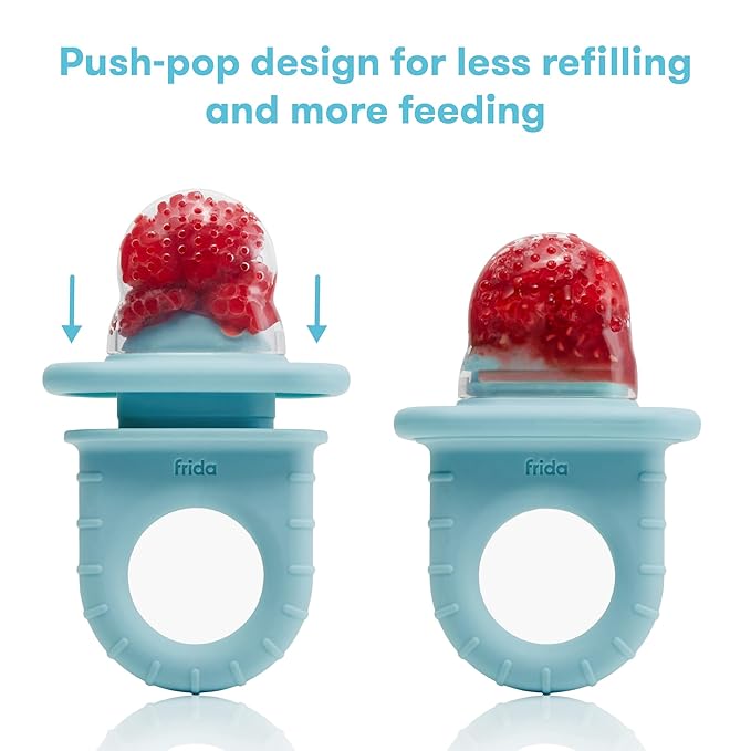 Frida Baby Push Pop Feeder, Baby Fruit Food Feeder to Safely Introduce New Foods, Fresh + Frozen, Silicone, BPA Free, Dishwasher Safe | 3 Count, Blue