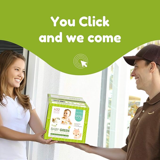 Yugi Green Baby Wipes – Unscented, Compostable, Biodegradable, Plant-Based, Fragrance-Free, for Sensitive Skin & Babies – 6 Packs of 72 (432 Count)