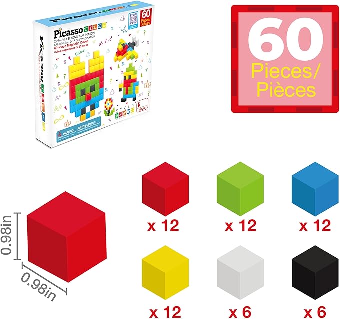 PicassoTiles 60pc Magnetic Puzzle Cube Building Set 1 Inch 3D Blocks STEM Construction Toy for Toddlers Kids Boys Girls Age 3+ Montessori Learning Travel Sensory Gift with Educational Idea Book PMC60