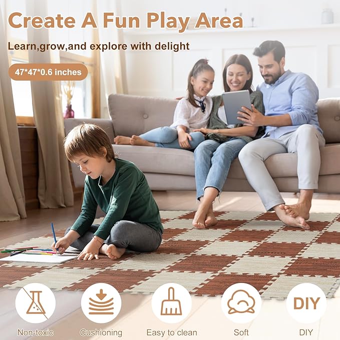 Skyweaver 12 Tiles Soft Non-Toxic Baby Play Mat for Floor EVA Foam Jigsaw Puzzle Play Mat, Interlocking Squares with 0.6inch for Babies, Toddlers & Kids Gym, Nursery, Playroom, White