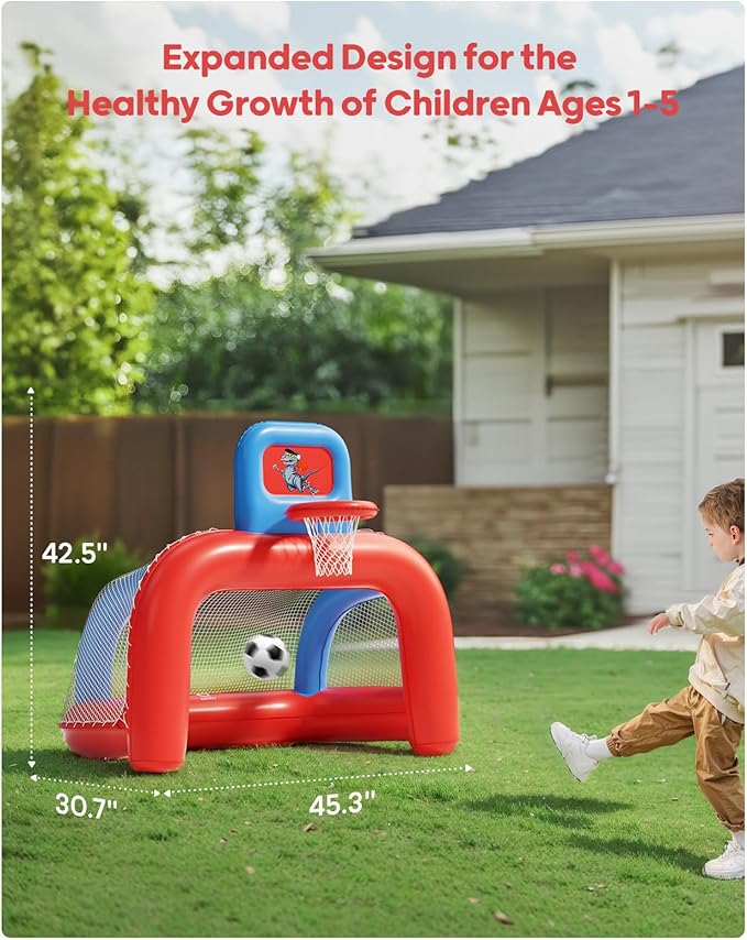 QPAU 2-in-1 Inflatable Toddler Basketball Hoop & Soccer Goal Set, Indoor Outdoor Sports Center Toys for Kids, Baby Toddlers Birthday Gift for 1 2 3 4 5 Year Old Boys Girls