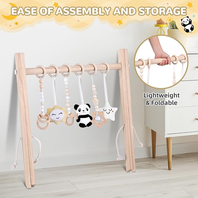 Wooden Baby Play Gym with Mat,Foldable Activity Gym for Newborns 0-12 Months,6 Hanging Sensory Toys for Infant Development,Montessori Toys for Baby Boys & Girls Shower Gift (Elephant)