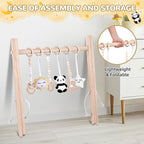 Wooden Baby Play Gym with Mat,Foldable Activity Gym for Newborns 0-12 Months,6 Hanging Sensory Toys for Infant Development,Montessori Toys for Baby Boys & Girls Shower Gift (Elephant)