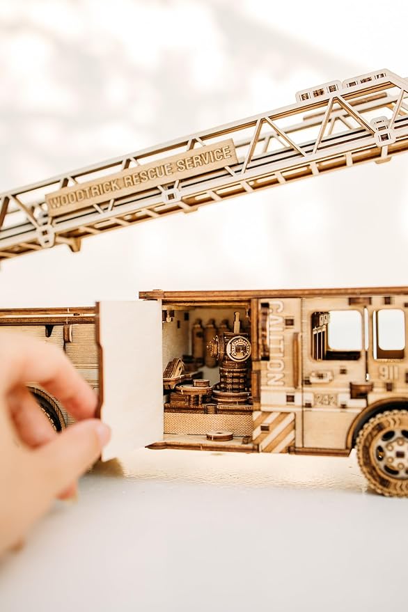 Wood Trick Rescue Firetruck Movable - Rotating Extendable Ladder - 3D Wooden Puzzles for Adults and Kids to Build - Rides up to 20 ft - Wooden Models Engineering DIY Project Mechanical Model Kit