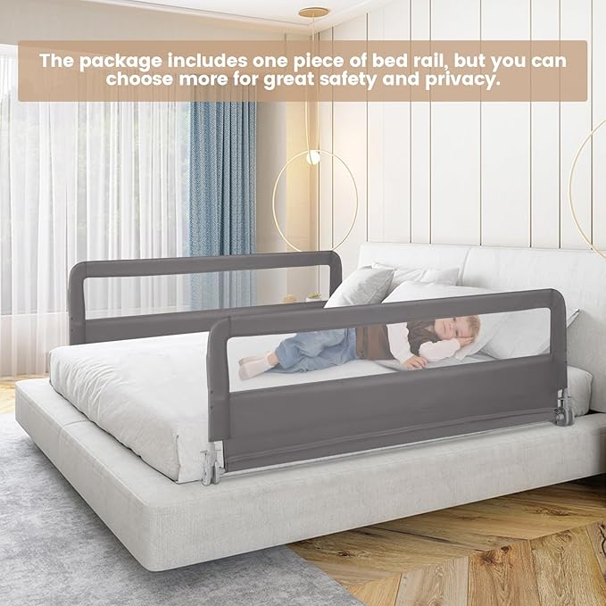 HONEY JOY Bed Rail for Toddlers, 59-in Extra Long, Portable Safety Bed Guardrail w/Double Safety Child Lock, Foldable Baby Bed Rail Guard, Fit King & Queen Full Twin Size Bed Mattress (1 Pack, Gray)