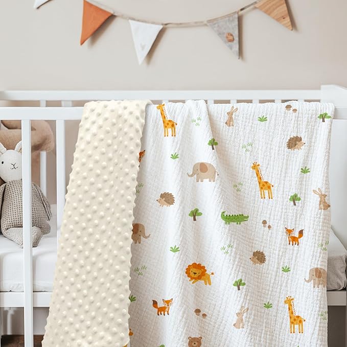 Animal Baby Blankets for Boys Girls, Soft Nursery Minky Blankets with Muslin and Dotted Fleece Back 30x40 inches, Receiving Bed Quilt for Newborn, Infants, Toddlers