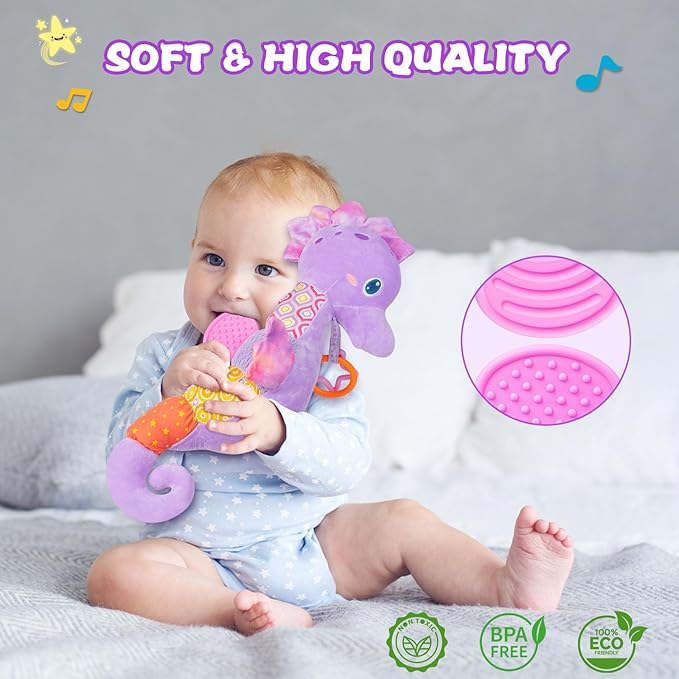 Fuzqq Baby Girl Toys 0-6 Months,Musical Stuffed Animal Plush Toy with Rattle,Soft Newborn Toy for 0 3 6 9 12 Months Girls,Baby Girl Gift,Purple