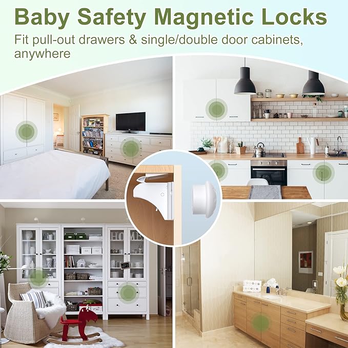 Magnetic Cabinet Locks 20 Pack+4 Keys, AOSITE Baby Proofing Drawer Lock Child Safety Locks for Kitchen with Adhesive No Drilling or Screws Fixed, 4 Baby Safety Cabinet Locks for Knobs