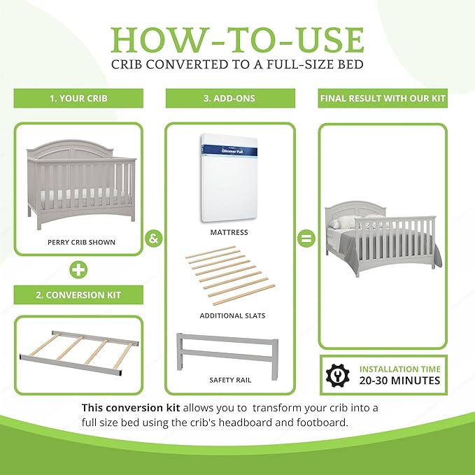Full-Size Conversion Kit Bed Rails Compatible with Delta Children Convertible Cribs - Solid Wood Rail #0050 - Toddler & Adult Bed Rail for Full-Size Beds - Baby Furniture (Moonstruck Grey - 1351)