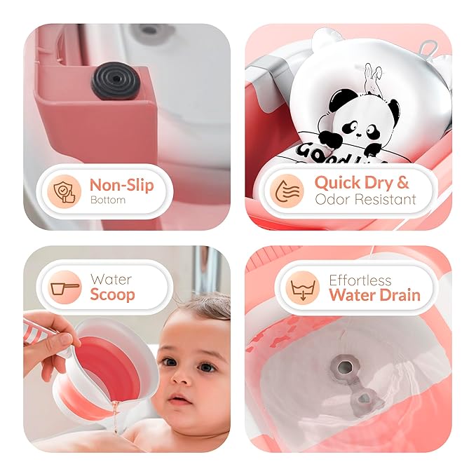 Collapsible Bathtub Baby for Infants & Newborns w/Thermometer, Drain Plug with Heat Sensor & Scoop – Compact Travel Baby Bath Space-Saving Bath for Travel, Shower & Small Bathrooms