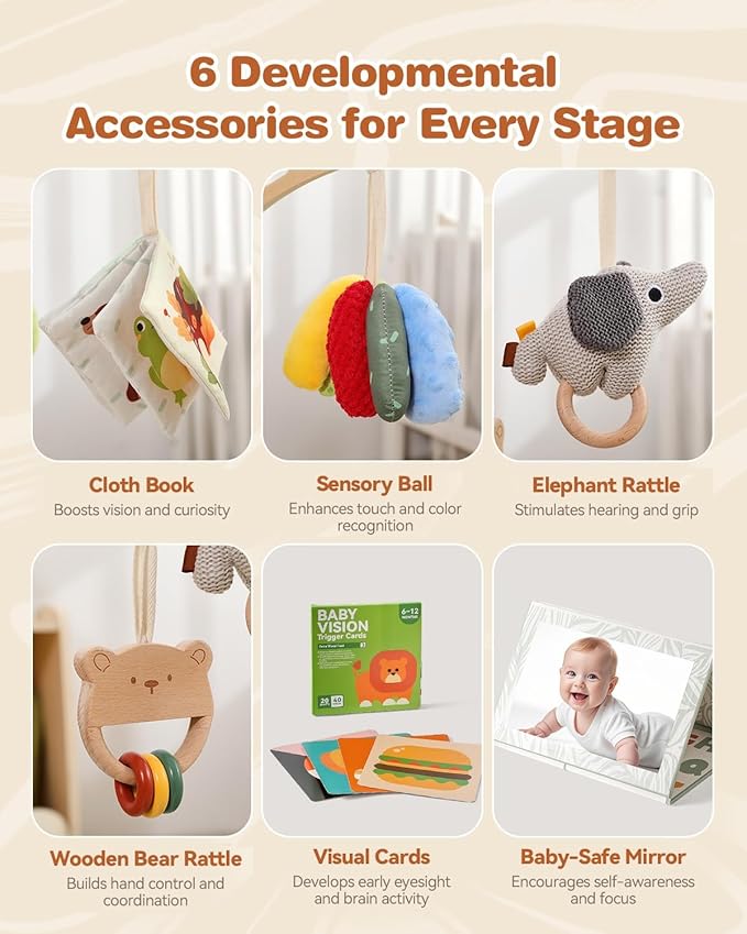 Wooden Baby Play Gym & Tummy Time Playmat – Montessori Sensory Activity Mat with 6 Developmental Toys for Fine Motor Skills – for Newborns to Toddlers (0–12M+)