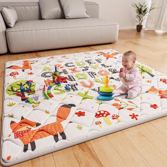 Baby Play Mat 50x50 Playpen Mat Upgraded Thicker Baby Floor Play Mat Cushioned Anti- Slip Crawling Mat Waterproof Activity Playmat for Babies Toddlers Infants Tummy Time(50x50, Letter Fox)