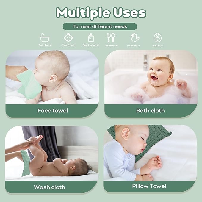 Yoofoss Muslin Baby Washcloths 100% Organic Cotton Face Towels 6 Pack Wash Cloths for Baby 12x12in Soft and Absorbent Baby Wipes (Gradient Green)