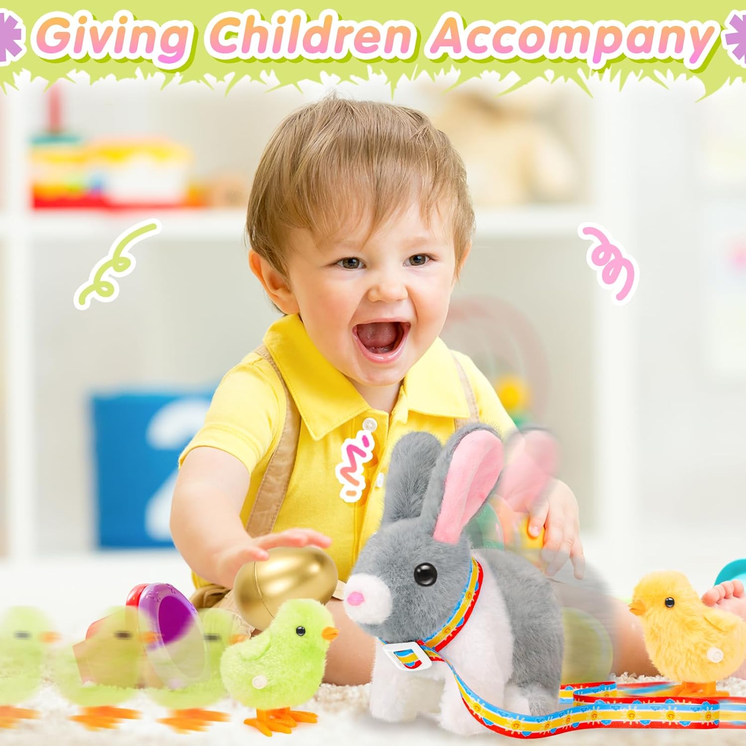 Tagitary Plush Bunny Toy for Kids,Easter Interactive Realistic Bunny with Leash,Golden Egg and Wind Up Toy,That Hopping,Ears Wiggling,Twitching Nose,Rabbit Toys Easter Stuffers Gift for Toddlers