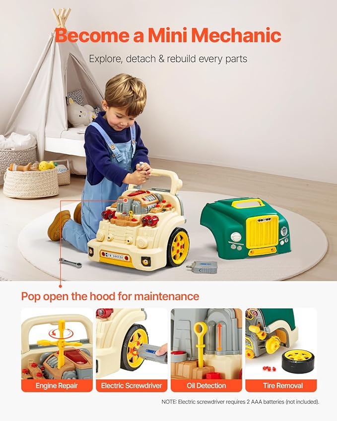 VEVOR Engine Toy, 60 Pieces, Kids Mechanic Car Repair Set with Removable Parts, Lights and Sounds, Steering Wheel and Horn, Kids Mechanic Workshop Set for Toddler Ages 3 Years and Up, Green