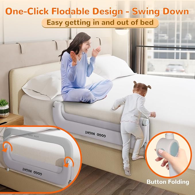 Bed Guard Rail for Toddlers - 47" Adjustable Heights & Folding up Portable Bed Railing for Baby - Toddler Bed Rails Guard for Crib, Twin, Bunk,Full Size, Queen & King Bed(Grey)