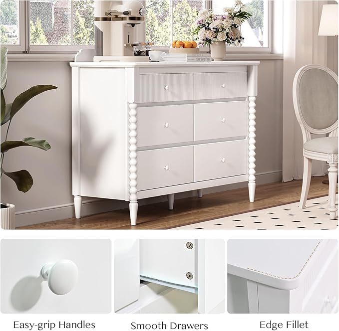 6 Drawer Dresser, Kids Dresser with Storage, Wide Chest of Drawers for Nursery, Wood Large Drawer Organizer Cabinet for Bedroom, Living Room, White