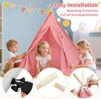 4 Pack Teepee Tent for Kids with Light String and Inflatable Airbed, Slumber Party Tents, Sleepover Tents Party for Girls Boys Indoor Outdoor (Pink)