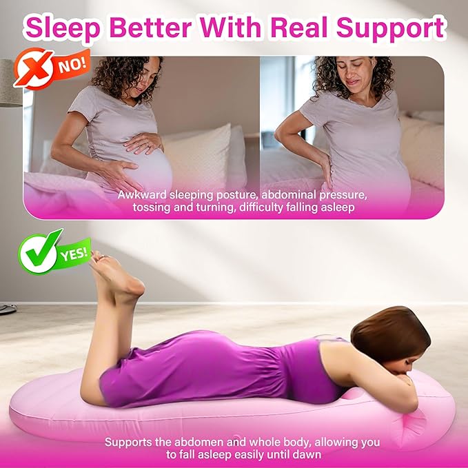 Inflatable Pregnancy Pillow with Belly & Head Hole – Full Body Maternity Airbed for Stomach Sleeping, Back Pain & SPD Relief – Comfortable, Portable & Includes Electric Pump Pink
