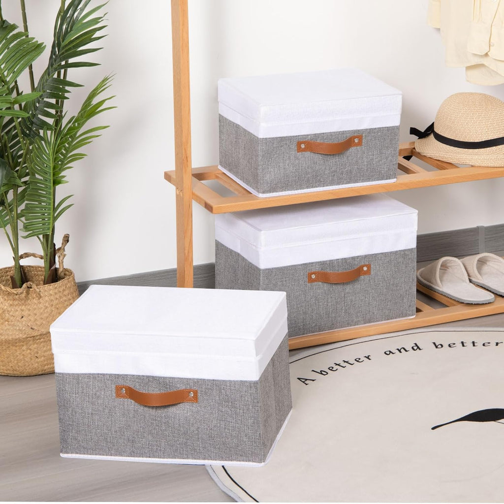 Fabric Storage Boxes with Lids, Linen Foldable Cloth Baskets, 17.7 x 11.8 x 11.8 Inch Closet Organizer Containers with Double Handles, Sweater Bins for Bedroom, White and Grey, 5 Pack