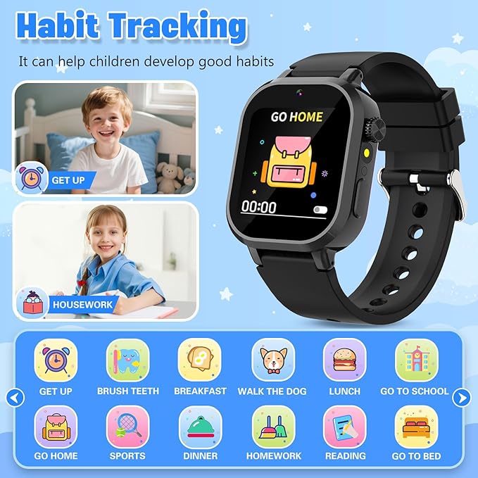 Kids Waterproof Smart Watch Boys Gift Age 3-12 with 39 Game HD Touch Screen Music Player Video Camera Pedometer Alarm Clock Birthday Gift for 6 7 8 9 Year Olds Black