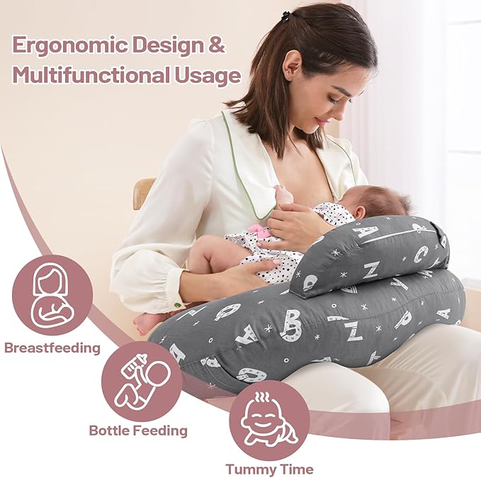 Plus Size Breastfeeding Pillow for Ergonomic Comfort & Support, Easier Nursing, Fit, Removable Cover, Machine Washable, Letter Pattern(Grey)