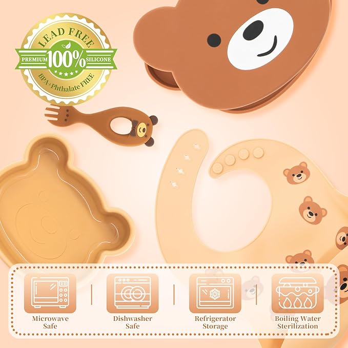 Silicone Baby Feeding Set 7 Pcs, Baby Led Weaning Supplies, Baby Feeding Supplies Set BPA Free, Baby Essentials for Newborn Gift Bear