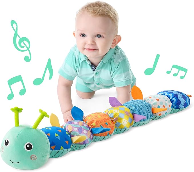 LIGHTDESIRE Baby Toys Musical Caterpillar,Infant Stuffed Animal Toy with Crinkle and Rattles,Soft Sensory Toys with Textures for Tummy Time Newborn Boys Girls 0 3 6 12 Months(Blue)