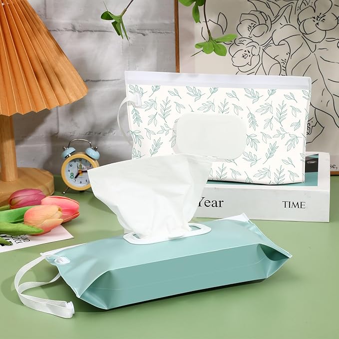 FEBSNOW 2 Pack Baby Wipes Dispenser Holder, Portable Refillable Baby Wet Wipes Pouch Container Reusable Travel Case for Outdoor Hiking, Blue Leaves