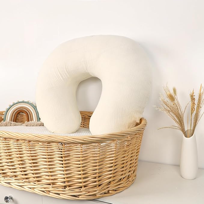 Hooyax Muslin Nursing Pillow Covers 2 Pack, Soft and Breathable Nursing Covers for Breastfeeding Pillows, Adorable Infant Feeding Pillow Slipcover for Baby Boy and Girls (Gray Creamy-White)