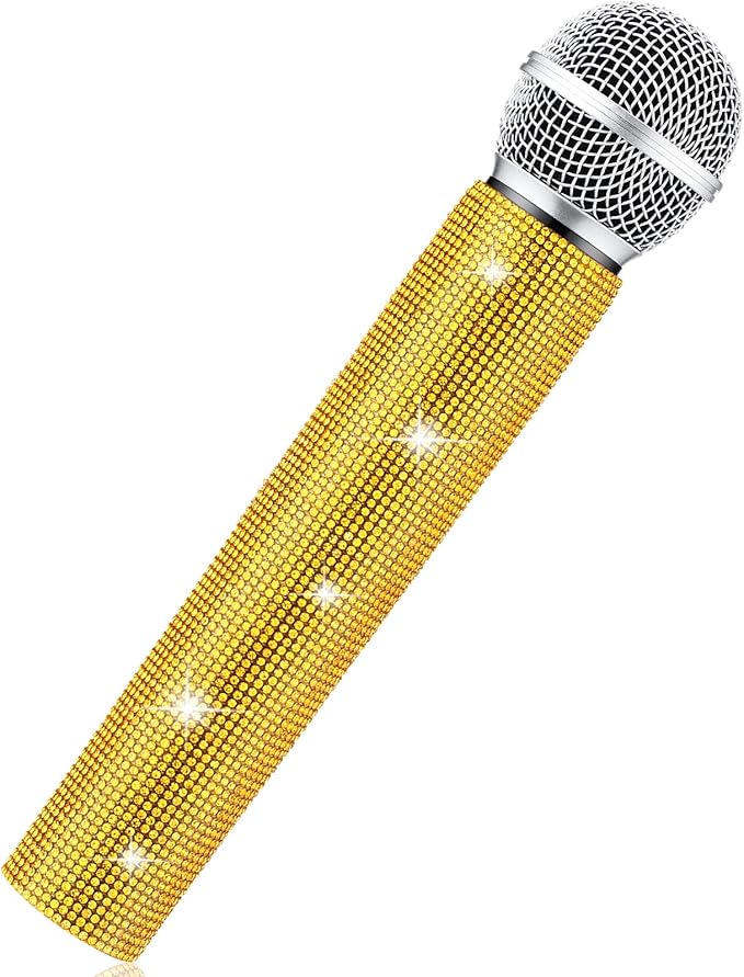 Sanwuta Fake Microphone Prop Sparkly Bling Rhinestones Plastic Play Microphone Pretend Glitter Bedazzled Mic for Cosplay Party Costume(Gold)