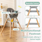 BABY JOY Baby High Chair, 6 in 1 Convertible Wooden Highchair for Babies & Toddlers with Adjustable Legs, Removable Double Tray, Safety Harness & Waterproof PU Cushion (Gray)