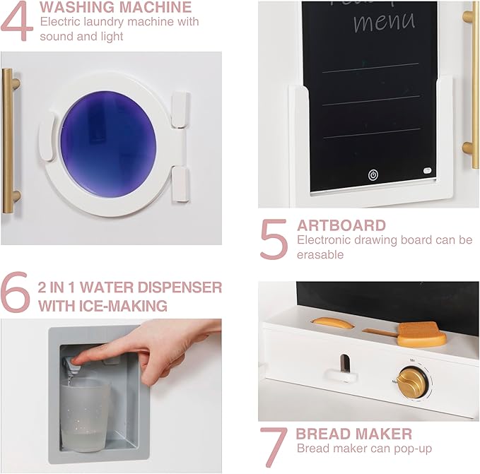 Large Wooden Corner Play Kitchen Sets with Ice Maker,Water Dispenser,Bread Maker,Washing Machine,Electronic Display,Toy Sink with Running Water,Stove with Light&Sounds, Birthday Gift for 3+ (Pink)