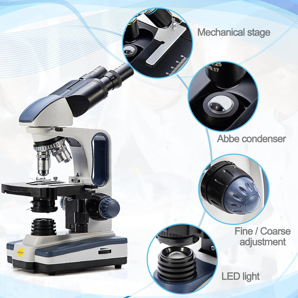 Swift Digital Binocular Compound Microscope 40X-2500X, with 5MP USB Camera, Two-Layer Mechanical Stage and Software Windows and Mac Compatible and Slides,Siedentopf Head,Research-Grade