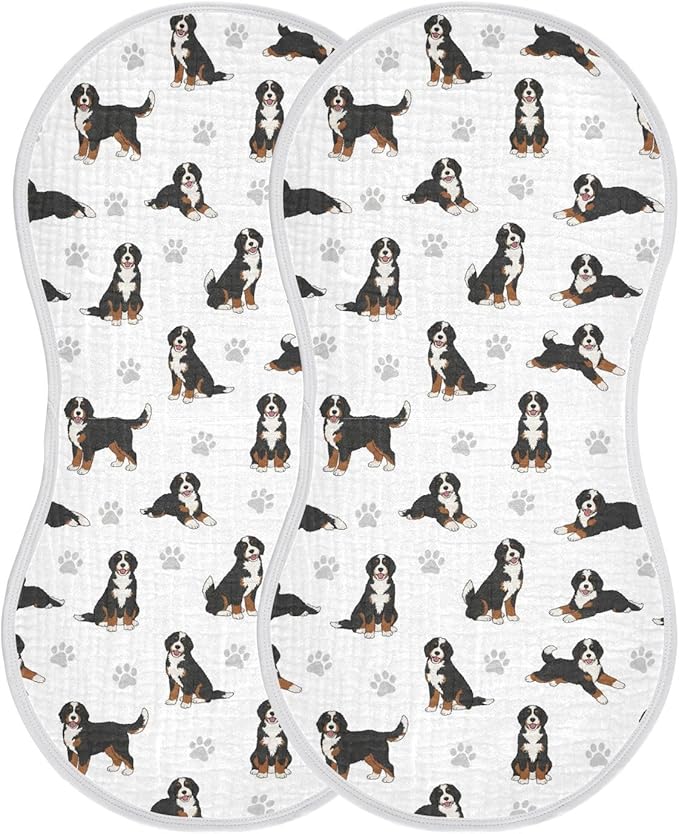 2 Pack Muslin Burp Cloths Bernedoodle Dogs White Cotton Baby Burp Cloths Ultra Soft Burping Cloth Absorbent Spit Up Rags for Newborn Boys Girls 22x11 Inch
