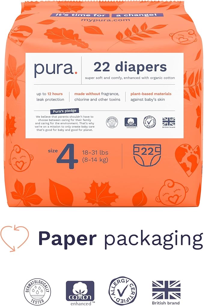 Pura Sensitive Skin Baby Diapers | Size 4 (18-31 lbs) | Hypoallergenic, Totally Chlorine Free, Fragrance Free, Up to 12-Hour Leak Protection | 6 Packs of 22 (132 Diapers)