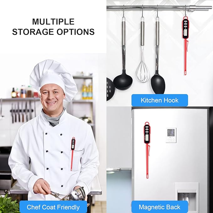 Lonicera Digital Cooking Thermometer for Bread Baking, Food and Water Temperature Measurement. Waterproof and Long Stem with Meat Temp Guide, Display with Backlit (Red)