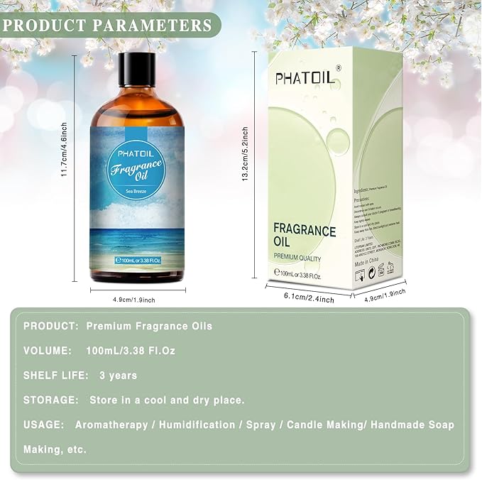 PHATOIL 3.38FL.OZ Sea Breeze Fragrance Oils for Aromatherapy, Essential Oils for Diffusers for Home, Perfect for Diffuser, DIY Candle and Soap Making, DIY Scented Products - 100ml