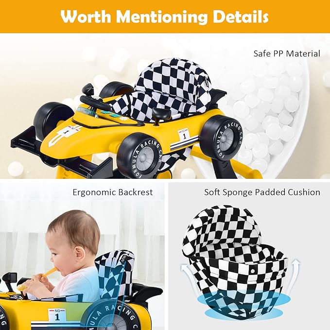 HONEY JOY 4-in-1 Baby Walker, Activity Push Walker w/3 Adjustable Heights, Smooth Wheels w/Adjustable Speed, Padded Seat, Music & Light, Foldable Car Walker for Baby Boys Girls Age 6 Months+ (Yellow)