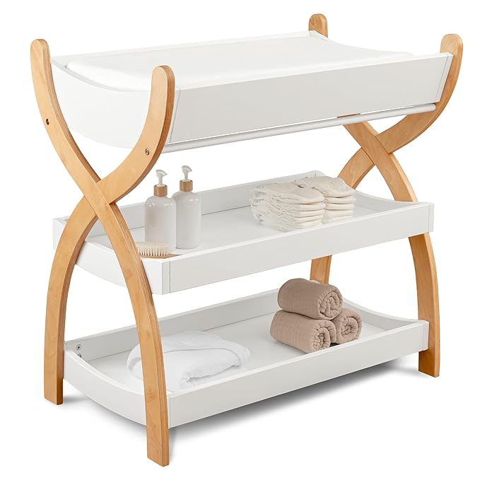 Comfy Cubs Baby Changing Table - Sturdy Wood Construction, Timeless Look Baby Change Table with Two Open Shelves for Infant Daycare Essentials Storage - White with Natural Wood Legs