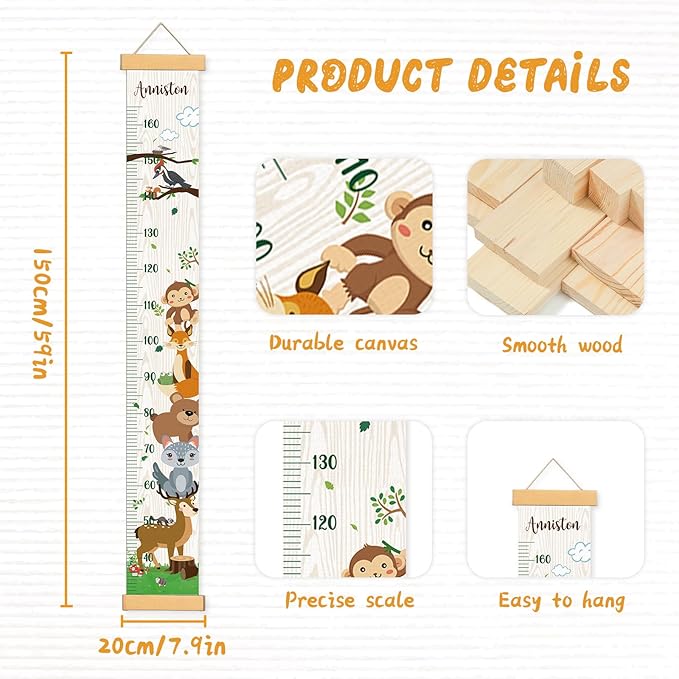 Personalized Name Growth Chart Wall Decor for Kids – Canvas Removable Height Chart Measuring Ruler 59" x 7.9" (Zoo）
