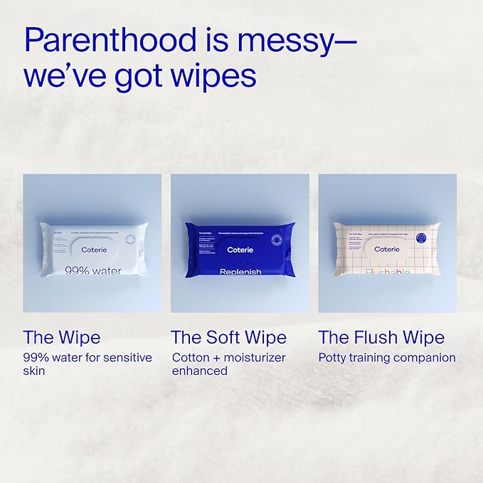 Coterie Flushable Wipes for Toddlers, Designed for Potty Training, Safe for Sensitive Skin, Hypoallergenic, 99% Water, Plant-Based, Fragrance Free, Sewer & Septic Safe, 16 Pack (448 Wipes)