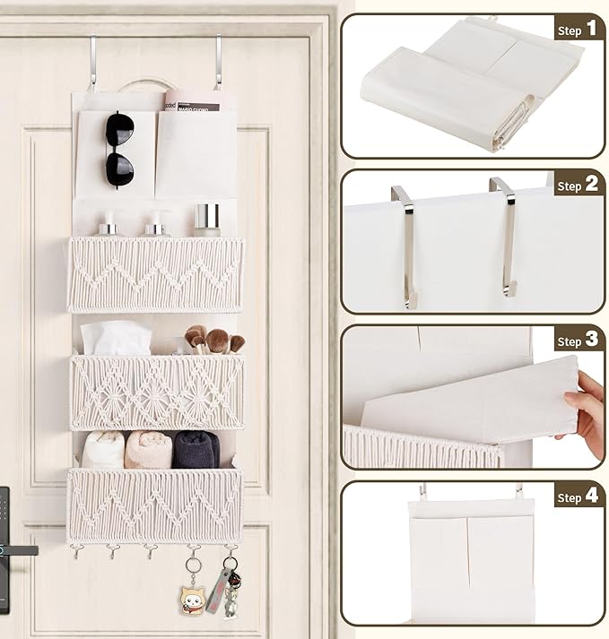 ANTIS'S HOME Over The Door Organizer Boho Bedroom Decor Nursery Storage with 3 Large Woven Pockets, Macrame Nursery Organizers and Toys Storage, Behind Door for Bathroom, Beige Back of Door Organizer