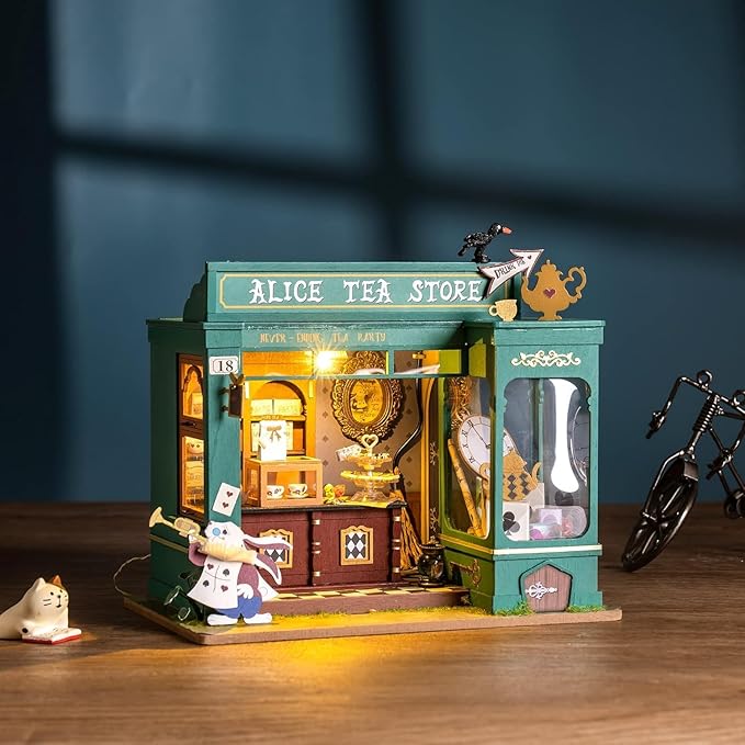 Rolife DIY Miniature House Kit Alice's Tea Store, Tiny House Kit for Adults to Build, Mini House Making Kit with Furniture, Halloween/Christmas Decorations/Gifts for Family Friends (Alice's Tea Store)