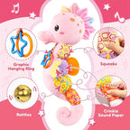 Baby Toys 0 to 12 Months, Musical Stuffed Animal Activity Soft Toys with Multi-Sensory Crinkle, Rattle and Textures,Infant Tummy Time Toys for Newborn Girls, Seahorse, Pink