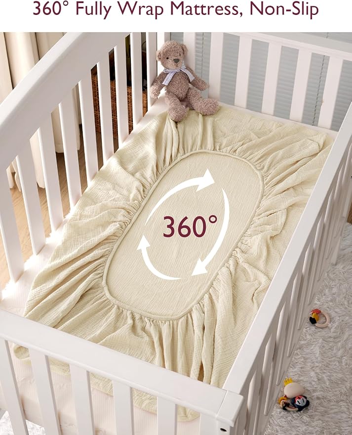 Momcozy Muslin Mini Crib Sheets Fitted - 38''x26'' Pack and Play Sheets for Pack N Play Mattress, 2 Pack Soft & Breathable Natural Cotton Non Slip Bed Cover for Boys, Girls, Beige Blush
