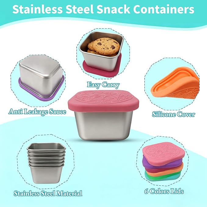 6Pack Stainless Steel Snack Containers for Kids, 6oz Easy Open Sauce Leak Proof Small Food Storage Container with Silicone Lids, Stackable Metal Toddler Lunch Box for Daycare, School and Travel