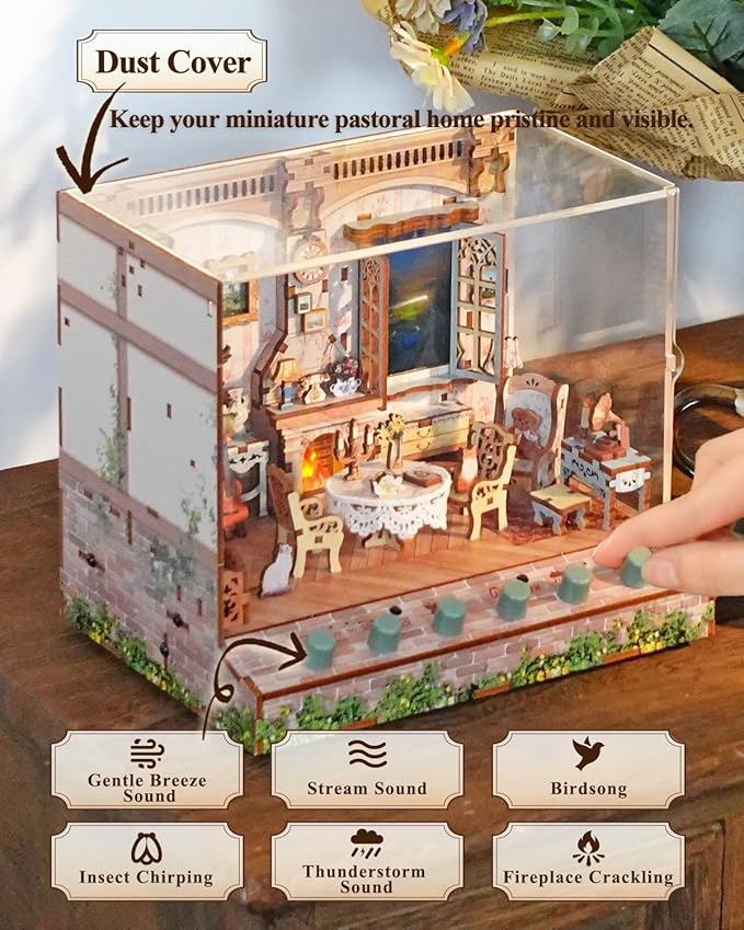 Tonecheer DIY Miniature House Kit, Wooden Dollhouse Kit with White Noise,Tiny Diorama House Building Set with Electronic Screen Craft Kits Make Creative Idea Gifts for Aduls (The Pastoral Home)