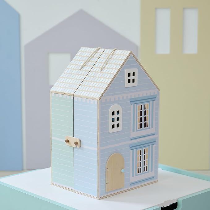 Olivia's Little World Folding Wooden Dollhouse – 3-Story Portable Playhouse with Furniture, Family Figures & Pet, Built-in Carry Handle, Compact Fold-Up Design Toy for Ages 3+